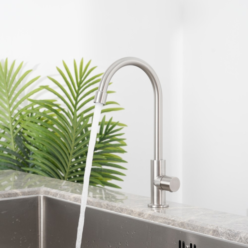 EB-120 sento stainless steel self closing push tap with anti splashing swivel high spout