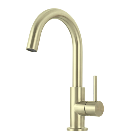 A-63A Sento stainless steel basin faucet with 360 degree swival spout with PVD brushed titanium gold color, high arc spout